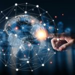 Hand touching virtual world with connection network. Global data information and technology exchange.